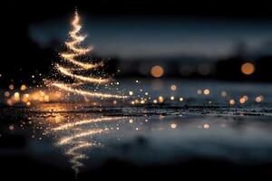 Magical glowing Christmas tree reflecting on water at dusk with bokeh lights in the background photo