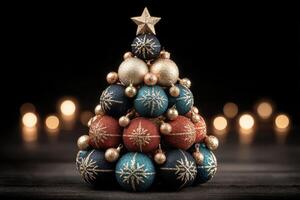 Christmas tree made of colorful ornaments with twinkling lights in the background creating a festive atmosphere photo