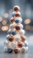 Creative formation of basketballs arranged like a Christmas tree with glowing lights in a festive setting photo