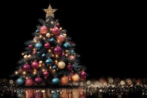 Colorful Christmas tree decorated with ornaments and lights set against a black backdrop for festive holiday celebrations photo