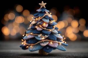 Creative handcrafted Christmas tree decorated with lights and ornaments, showcasing a unique design and festive spirit in a cozy setting photo