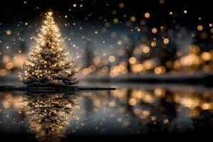 Illuminated Christmas tree reflecting in calm water during winter evening with sparkling lights and soft bokeh effect photo