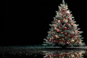 Beautifully decorated Christmas tree with ornaments and lights reflecting on dark background photo
