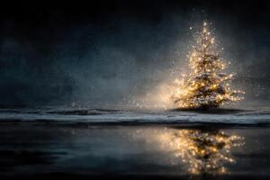 Snow-covered Christmas tree illuminated at night with a sparkling reflection on the icy surface photo