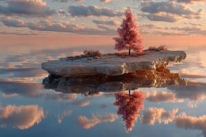 Serene pink tree stands alone on a rocky island surrounded by calm water at sunset photo