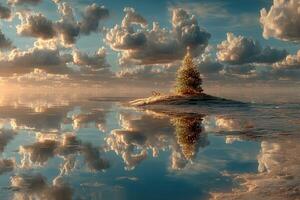 Serene landscape with a tree reflected in calm water under a beautiful sky at sunrise photo