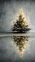 Beautifully decorated Christmas tree reflecting in a serene indoor space during a festive winter evening photo