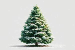 Beautiful snowy Christmas tree decorated with ornaments stands vibrant in a winter landscape during the holiday season photo
