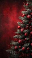 Beautifully decorated Christmas tree with red ornaments and snowflakes against a rich red background photo