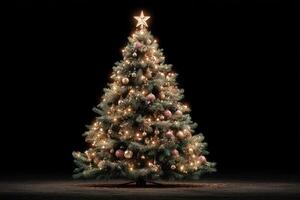 Sparkling Christmas tree adorned with ornaments and lights in a darkened room creating a festive atmosphere photo