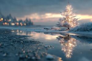 Winter evening by the lake featuring a glowing Christmas tree and serene reflections photo