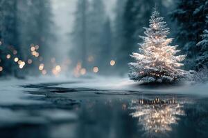 Winter wonderland with a glowing Christmas tree in a snowy forest reflecting on a serene pond photo