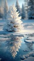 Frosty winter scene featuring a snow-covered tree reflecting on a frozen pond in a serene landscape photo