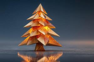 Beautiful origami Christmas tree with warm lights shining in a dim setting during holiday season photo