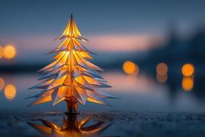 Unique paper tree illuminated against a beautiful twilight background with soft bokeh lights photo