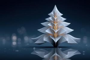 Decorative paper Christmas tree illuminating a winter-themed background in a soft evening glow photo