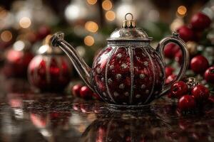 Festive silver teapot adorned with red and gold decorations on a dark table during a holiday gathering photo