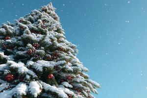 Snow-covered Christmas tree adorned with ornaments against a clear blue sky in winter photo