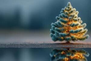 Pine tree adorned with lights reflecting in still water during twilight hours in a serene winter landscape photo