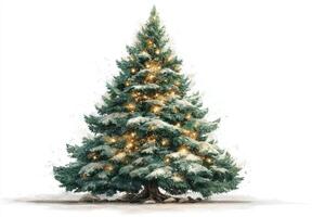 Festive decorated Christmas tree with snow and warm lights during winter holiday season photo