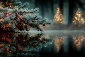 Winter landscape with evergreen branches and glowing lights reflecting in calm water at dusk photo