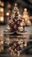 Festively decorated Christmas tree with red and gold ornaments reflecting on a shiny surface during the holiday season photo