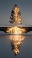 Magical tree with glowing roots and reflection in tranquil waters at dusk photo