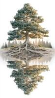 Majestic tree with exposed roots reflecting in still water at dawn in a serene forest landscape photo