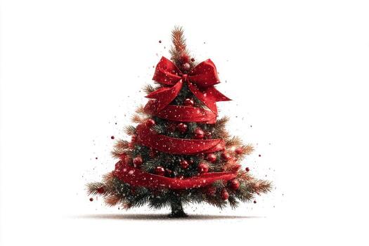 Decorative Christmas tree with red ribbons and ornaments on a white background creating a festive atmosphere during the holiday season photo