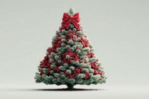 Christmas tree adorned with red decorations and a large bow stands against a light background, capturing the festive spirit photo
