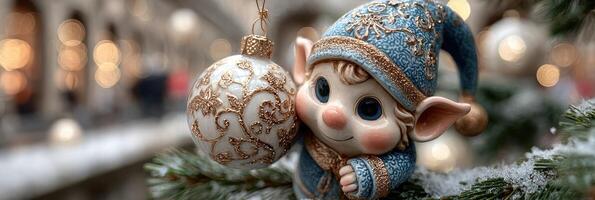 Holiday elf ornament hanging on a Christmas tree with glowing lights and snowfall in a festive atmosphere photo