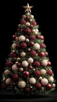 Beautifully decorated Christmas tree with red and gold ornaments shines brightly during the holiday season photo