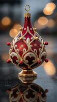 Decorative holiday ornament with red and gold patterns illuminated by soft lights at twilight photo