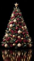 Elegant Christmas tree adorned with colorful ornaments and sparkling lights in a dark setting photo
