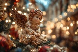 Ornamented angel figurine sits gracefully among holiday decorations in a festive setting with soft glowing lights photo