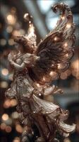 Beautifully crafted angel figurine showcases intricate details and luminous wings in a serene setting photo