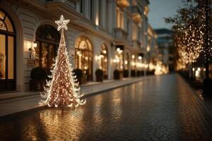 Illuminated holiday street with Christmas tree and festive lights creating a magical atmosphere in a charming city center photo