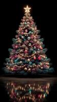 Vibrant Christmas tree adorned with colorful ornaments and lights creates a festive atmosphere during the holidays photo