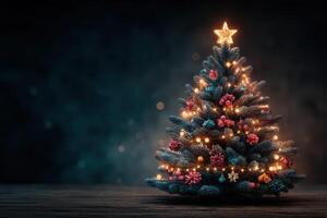 Beautifully decorated Christmas tree with glowing lights and ornaments in warm indoor lighting photo