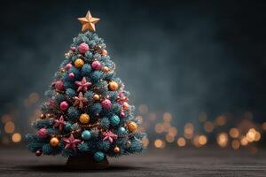 Beautifully decorated Christmas tree with colorful ornaments and star on top in a cozy indoor setting photo