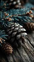 Pine cones and evergreen branches create a natural winter atmosphere in a rustic wooden setting photo