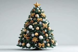 Elegant Christmas tree adorned with gold and white decorations in a simple setting photo