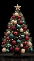 Beautifully decorated Christmas tree with ornaments and lights glowing in a dark setting photo