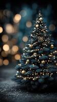 Elegant Christmas tree decorated with golden ornaments and warm lights in a festive winter setting photo