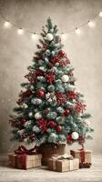Beautifully decorated Christmas tree with red and white ornaments and presents under its branches in a cozy indoor setting photo