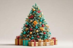 Decorated Christmas tree with vibrant ornaments and gift boxes arranged underneath in a cozy indoor setting photo