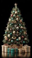 Christmas tree decorated with colorful ornaments and presents arranged underneath in a cozy setting photo