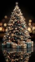 Festively decorated Christmas tree with presents under shimmering lights in a cozy setting photo