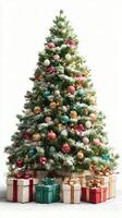 Decorated Christmas tree with colorful ornaments and wrapped presents beneath in a festive setting during holiday season photo