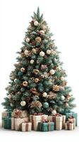 Christmas tree adorned with decorations and gifts in a cozy indoor setting during the holiday season photo
